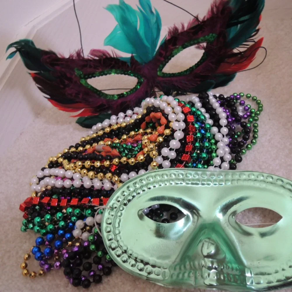 Mardi Gras Masks Beads LOT 24 Necklaces + 2 Bourbon Street Party Masks NEW
